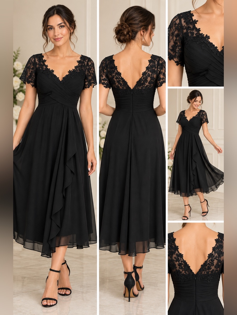 Black Lace Chiffon Midi Dress Ruched V Neck Formal Evening Size 8